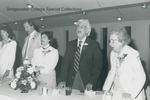 Bridgewater College, Professor Nelson T. Huffman, class of 1925, leads Bridgewater Fair at the Alumni Banquet, May 1985