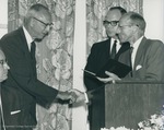 Bridgewater College, Don Honick (photographer), Photograph of John W. Boitnott receiving a Certificate of Distinguished Service from S. Loren Bowman, 29 June 1968 by Don Honick