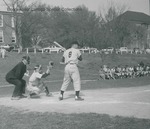 Bridgewater College, Baseball action photograph probably of Bob Moyers or Jim Moyers at bat, 1956 by Bridgewater College