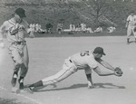 Bridgewater College, Baseball action photograph showing Jack Evert arriving safe on first base, 1952 by Bridgewater College