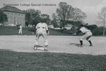 Bridgewater College, Baseball action photograph of Pitcher Bob Will and First Baseman Ray Shull with a Randolph Macon College runner, circa 1955 by Bridgewater College