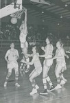 Bridgewater College, Richard Geib (photographer), Men's basketball action photograph of Tom Julian scoring and Charlie Kipps standing by, circa 1966 by Richard Geib