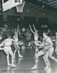 Bridgewater College, Dan Legge (photographer), Men's basketball action photograph featuring Clarence (Yank) Stewart (21) and Tom Clayton (45), circa 1970 by Dan Legge