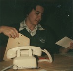 Bridgewater College, Polaroid photograph of Mary Jo Flory at the Phonathon, circa 1979