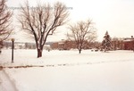 Bridgewater College, Blue Ridge Hall and Rebecca Hall with farm in snow, January 1985 by Bridgewater College