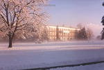 Bridgewater College, Bowman Hall in hazy snow, 6 April 1990 by Bridgewater College