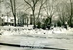 Bridgewater College, Two men on tractor plowing snow with Red House and Cole Hall in background and winter poem at bottom, 1952 by Bridgewater College