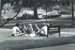Bridgewater College, Student group sitting in front of Founders' Hall sign, Fall 1977 by Bridgewater College