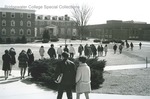 Bridgewater College, Students crossing campus with Blue Ridge Hall left, Rebecca Hall center and Kline Campus Center right, circa 1969 by Bridgewater College