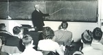 Bridgewater College, Professor (probably J. Maurice Henry) teaching history and politics class, 22 Jan 1952 by Bridgewater College