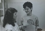 Bridgewater College, Marci Inman and Theresa Shipe having a conversation in the Alexander Mack Memorial Library, circa 1985 by Bridgewater College