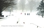 Bridgewater College, View from Kline Campus Center doors of students walking in snow, Blizzard of 1996 by Bridgewater College
