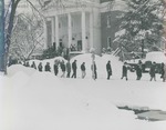 Bridgewater College, Chris Lydle (photographer), students leaving Chapel in Cole Hall in a line in snow, circa 1967 by Chris Lydle