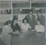 Bridgewater College, Librarian Agnes Kline and assistants in Cole Hall basement library, circa 1950 by Bridgewater College