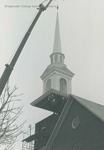 Bridgewater Church of the Brethren steeple being lowered onto roof, Judith S. Ruby (photographer), January 1982 by Judith S. Ruby
