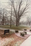 Bridgewater College, Dusting of snow by Flory Hall sign and walkway, January 1985 by Bridgewater College