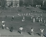 Bridgewater College, Dan Legge (photographer), football game with the players, cheerleaders and Ernie the Eagle, circa 1969 by Dan Legge