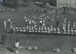 Bridgewater College, Dan Legge (photographer), football game with cheerleaders and Ernie the Eagle behind the sideline, circa 1969 by Dan Legge