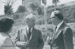Bridgewater College, Violet Cox, Garland Miller, and Wayne Geisert at the Spring Creek marker dedication, 1981 by Bridgewater College