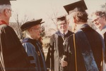 Bridgewater College, US Secretary of Education Terrel H. Bell, center left with blue robe, and President Wayne F. Geisert, standing center, on Founder's Day, 1982 by Bridgewater College
