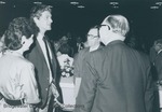 Bridgewater College, Nancy Leatherman, Bill Leatherman, Wallace Hatcher and Wayne F. Geisert speaking at the Founder's Day Dinner, 4 April 1986 by Bridgewater College