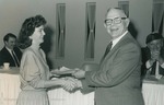Bridgewater College, Photograph of Debra Billett receiving the Dr. Wayne Geisert Scholarship from Wayne F. Geisert, undated, possibly 1989 by Bridgewater College