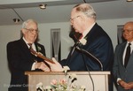 Bridgewater College, Photograph of President Wayne F. Geisert, at podium, and Dr. Alvin Conner at the Founders Day Dinner, 5 March 1991 by Bridgewater College