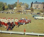Bridgewater College, Colorized reproduction of a Homecoming photograph with the court in vintage cars, undated by Bridgewater College