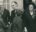 Bridgewater College, President Wayne F. Geisert and E. Maurine Geisert greeting inauguration guests, 3 April 1965 by Bridgewater College