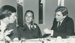 Bridgewater College, Nathan Miller, Cathy Slusher and John Warner at the Richard D. Obenshain Scholarship event, May 1980 by Bridgewater College