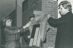 Bridgewater College, Ellen Layman and Senator John W. Warner unveiling the Richard D. Obenshain Scholarship Donors Plaque, May 1980 by Bridgewater College
