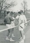 Bridgewater College, Photograph of Kirk Stokes and Eddie Higgs shaking opponents' hands after a tennis match, circa 1965 by Bridgewater College