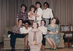 Bridgewater College, Cast photograph from mystery drama, One of Us, with prop gun, April 1986 by Bridgewater College