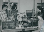 Bridgewater College, Photograph of students, probably in a biology lab with plants and honeybees, 1950s by Bridgewater College